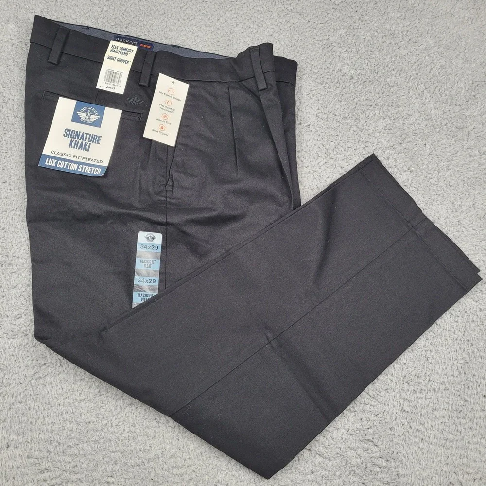 Dockers Signature Khaki Classic Fit Pleated Lux Cotton Stretch Black Pants 34x29